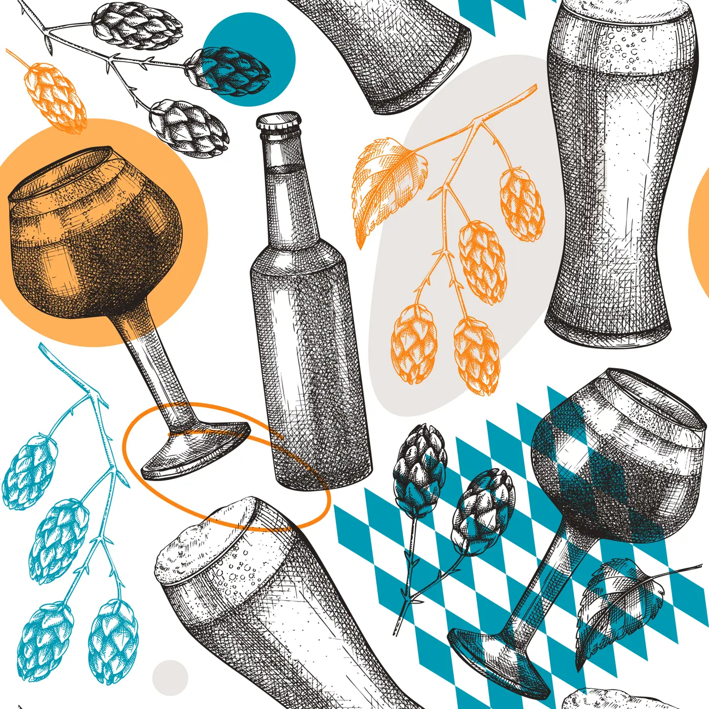 Trendy beer background in collage style. Vector seamless pattern with hop, beer glasses and bottle for pub, bar. Modern graphics backdrop for bar or restaurant menu design, packaging, textile. Illustration